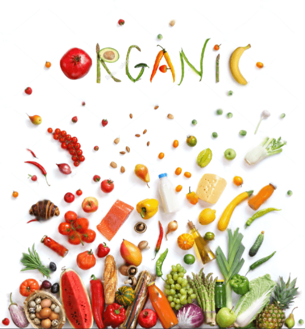 Organic food choice healthy food symbol represented by foods explosion to show the health concept of eating well with fruits and vegetables